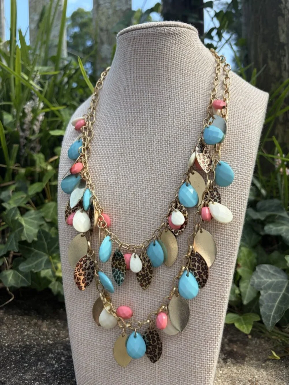 Y2K Turquoise Pink Leopard Print Leaf Charm Layered Statement Necklace Gold 22